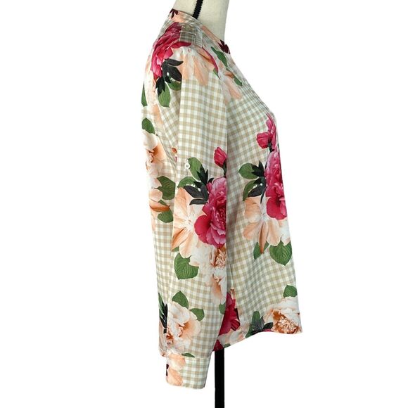 Calvin Klein Small Top Floral Checked Long Roll-Tab Sleeves V-Neck Button-Up - Picture 5 of 12